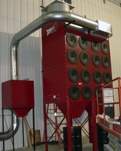 Micro Air RP8-2, 16 cartridge dust collector, equipped with SA4000V spark arrestor is ducted to multiple grinding stations in manufacturing facility.